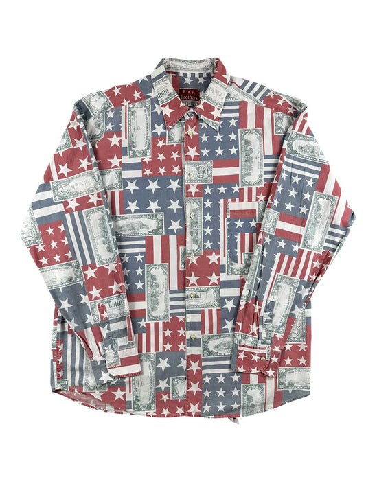 Camicia Vintage Uomo F. & F. Brothers Bandiera Americana e Dollari XL - abbigliamento e vestiti vintage