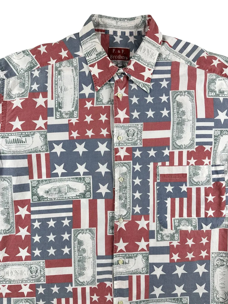 Camicia Vintage Uomo F. & F. Brothers Bandiera Americana e Dollari XL - abbigliamento e vestiti vintage