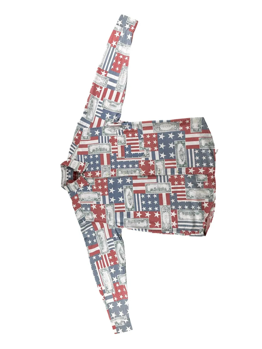 Camicia Vintage Uomo F. & F. Brothers Bandiera Americana e Dollari XL - abbigliamento e vestiti vintage