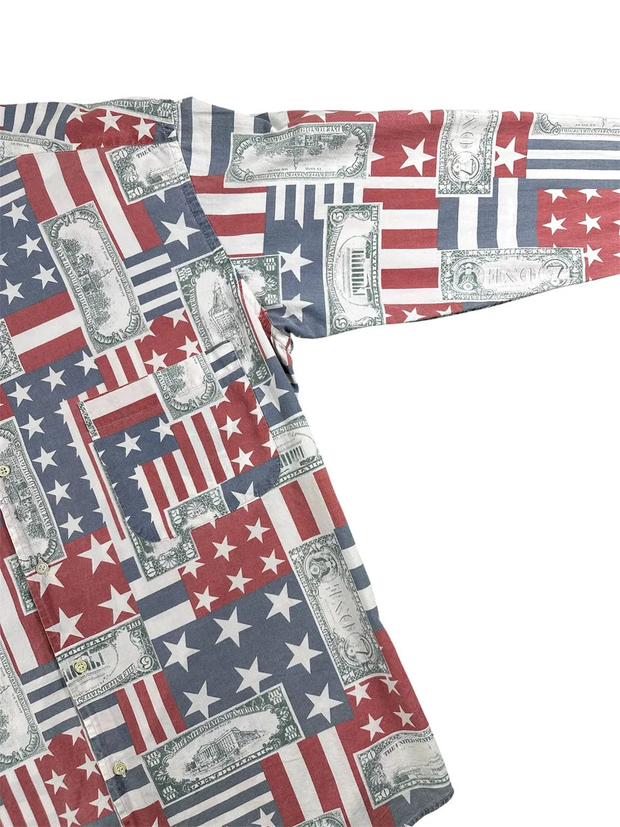 Camicia Vintage Uomo F. & F. Brothers Bandiera Americana e Dollari XL - abbigliamento e vestiti vintage