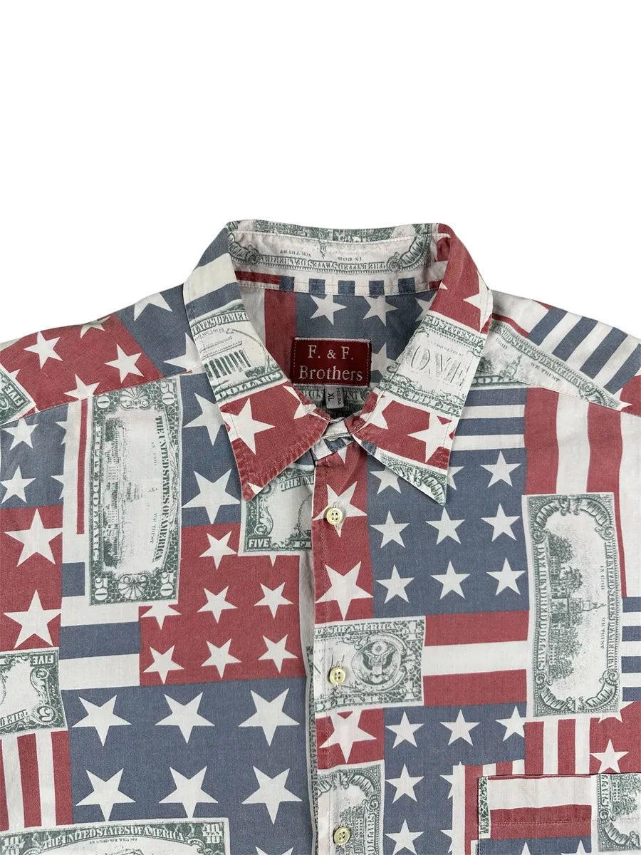 Camicia Vintage Uomo F. & F. Brothers Bandiera Americana e Dollari XL - abbigliamento e vestiti vintage