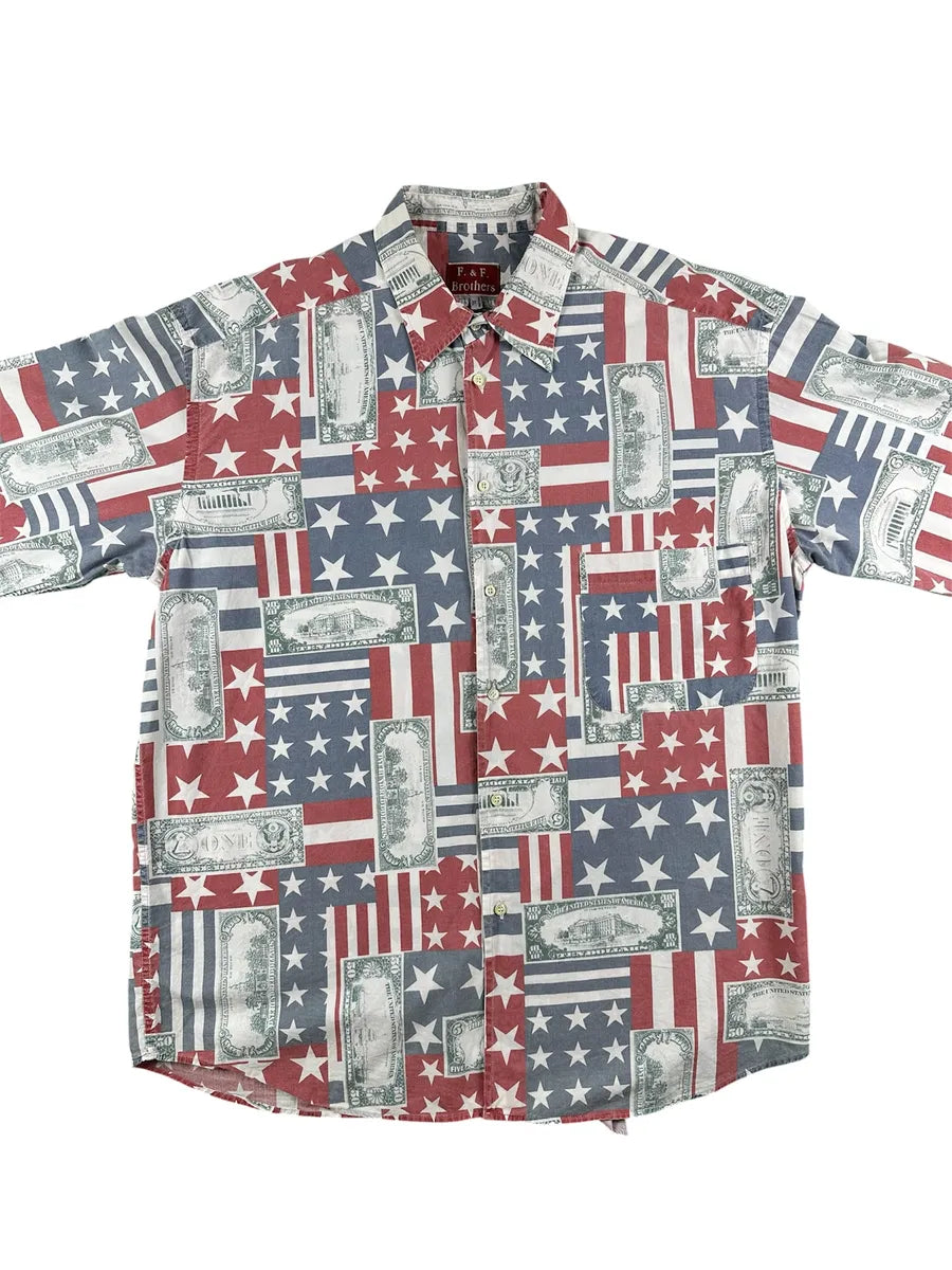 Camicia Vintage Uomo F. & F. Brothers Bandiera Americana e Dollari XL - abbigliamento e vestiti vintage