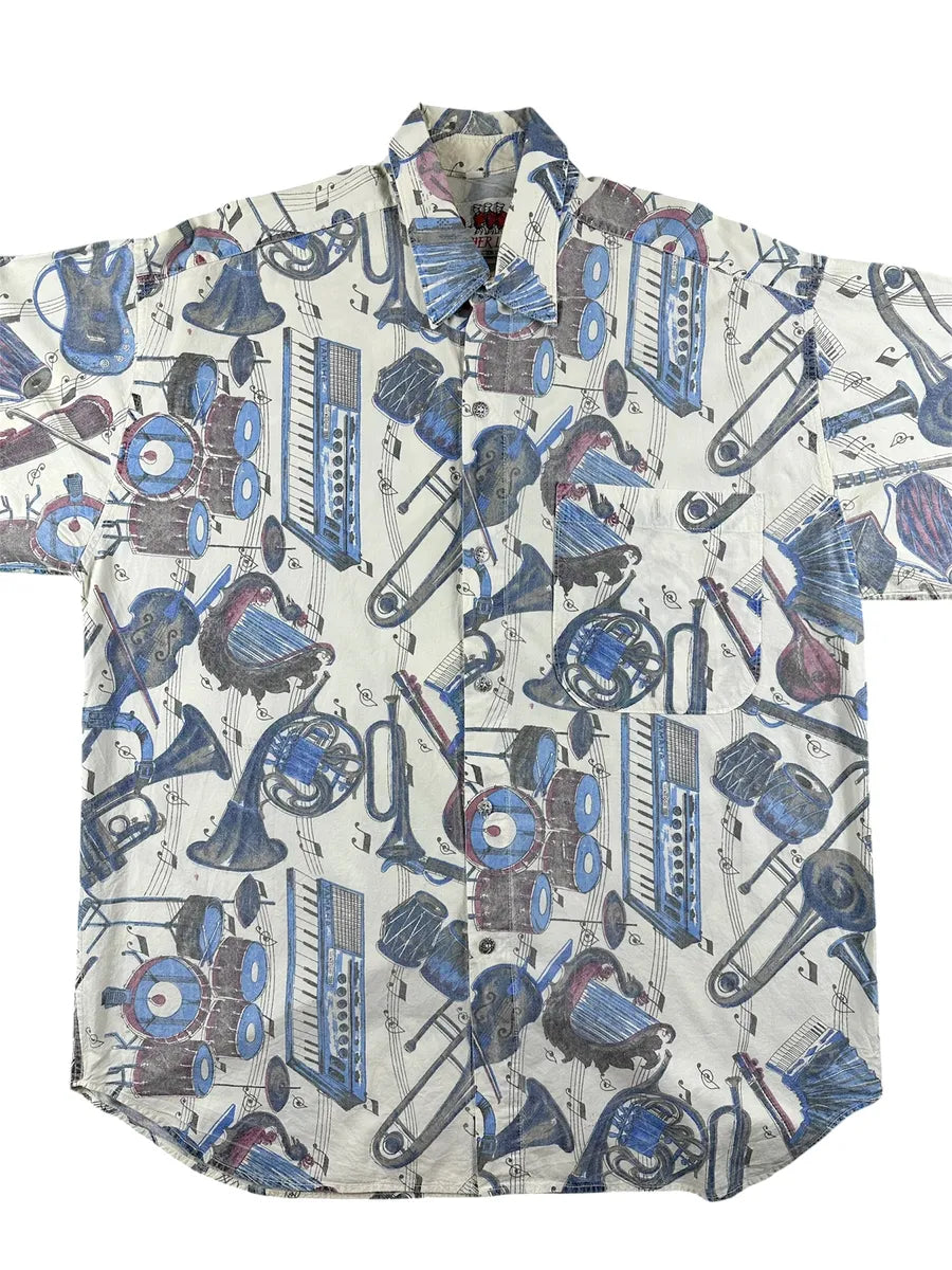 Camicia Uomo Vintage Fantasia Strumenti Musicali A.N.other Line Bianco e Multicolore - abbigliamento e vestiti vintage