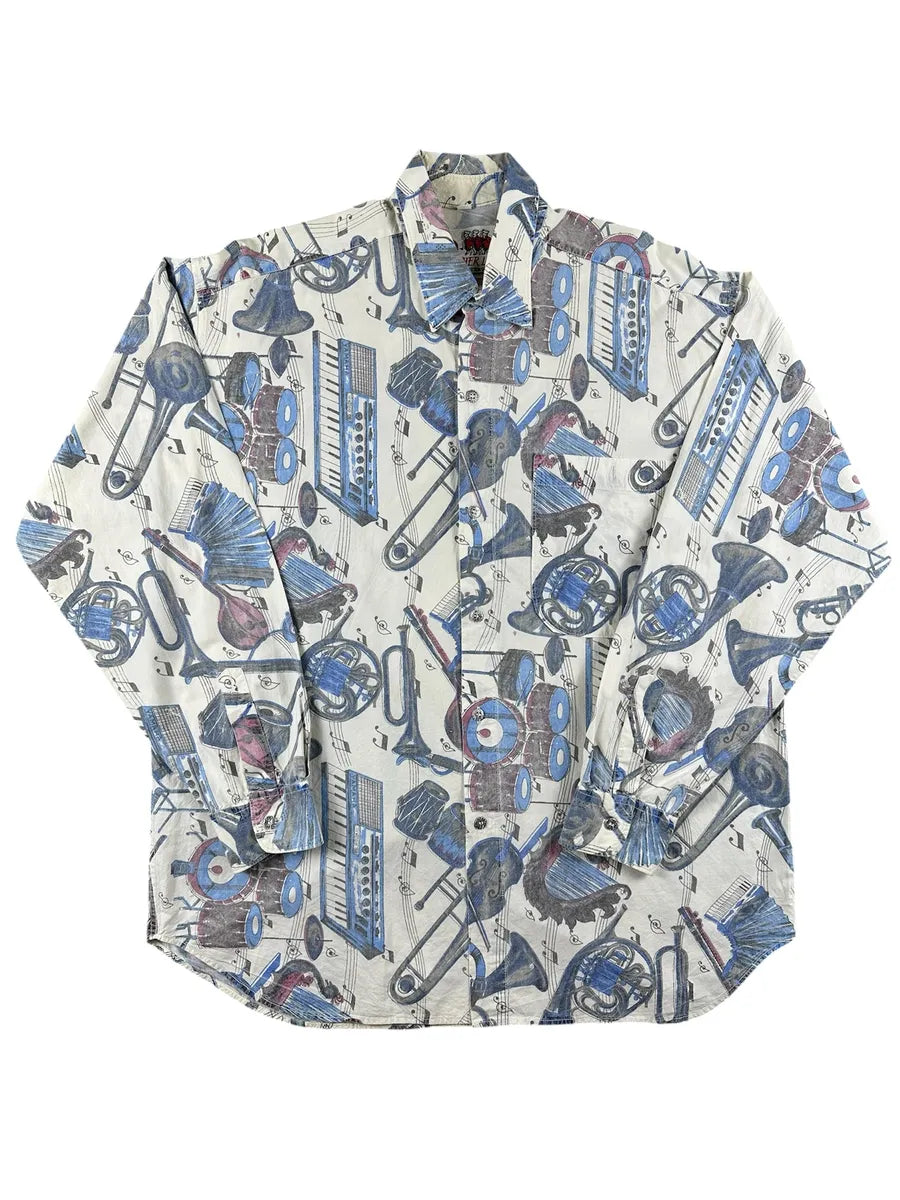 Camicia Uomo Vintage Fantasia Strumenti Musicali A.N.other Line Bianco e Multicolore - abbigliamento e vestiti vintage