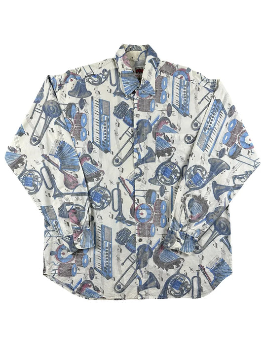 Camicia Uomo Vintage Fantasia Strumenti Musicali A.N.other Line Bianco e Multicolore - abbigliamento e vestiti vintage