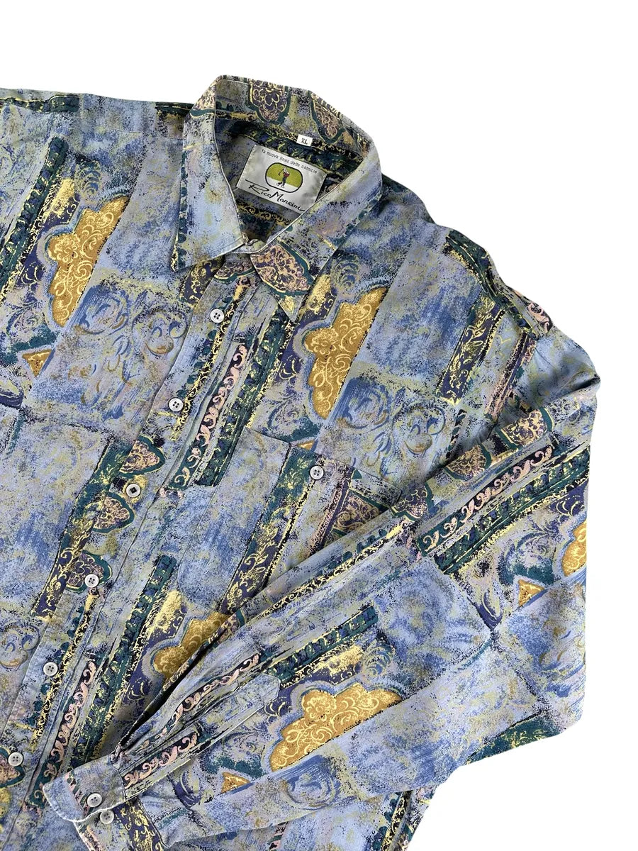 Camicia Vintage Uomo Rico Mancini Fantasia Barocca Azzurra e Oro