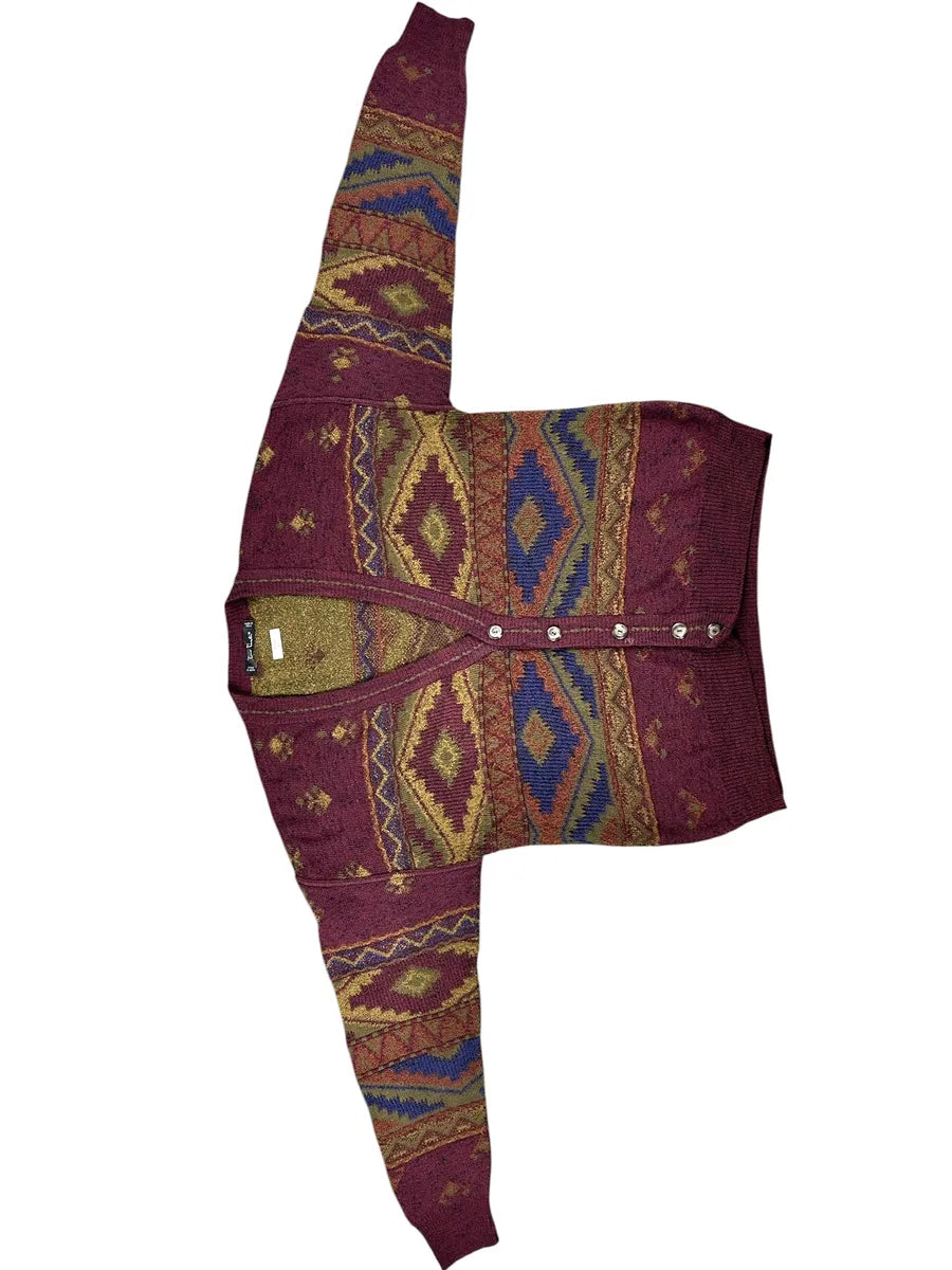 Cardigan Unisex Vintage Geometrico Tino Tinti Bordeaux e Multicolore - abbigliamento e vestiti vintage