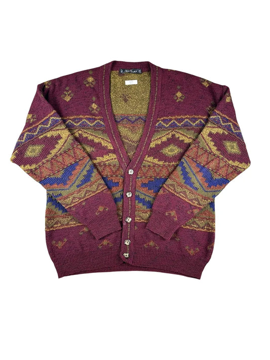 Cardigan Unisex Vintage Geometrico Tino Tinti Bordeaux e Multicolore - abbigliamento e vestiti vintage