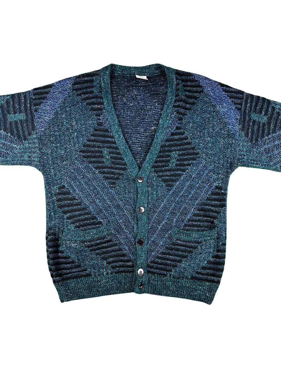 Cardigan Unisex Vintage Geometrico – Verde Ottanio e Nero - abbigliamento e vestiti vintage
