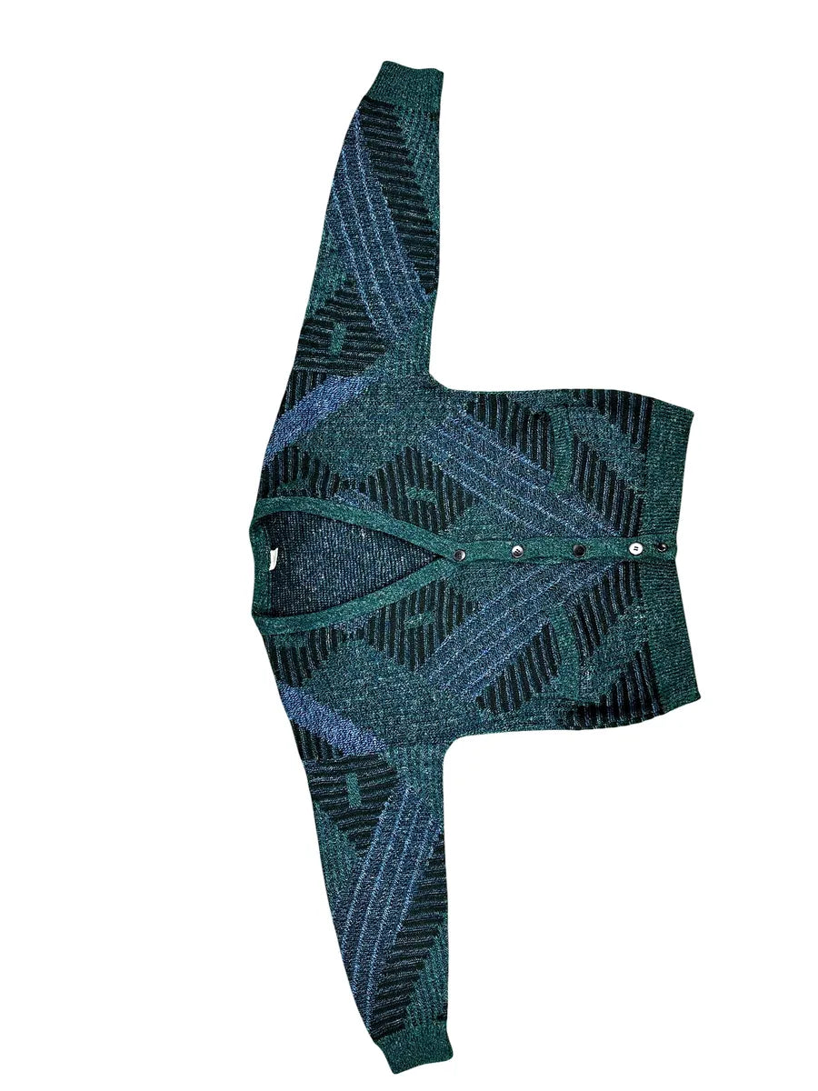 Cardigan Unisex Vintage Geometrico – Verde Ottanio e Nero - abbigliamento e vestiti vintage