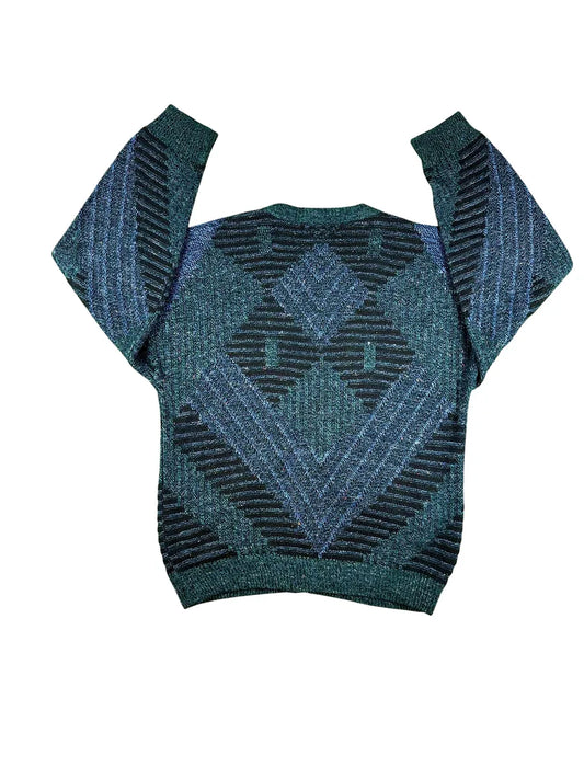 Cardigan Unisex Vintage Geometrico – Verde Ottanio e Nero - abbigliamento e vestiti vintage