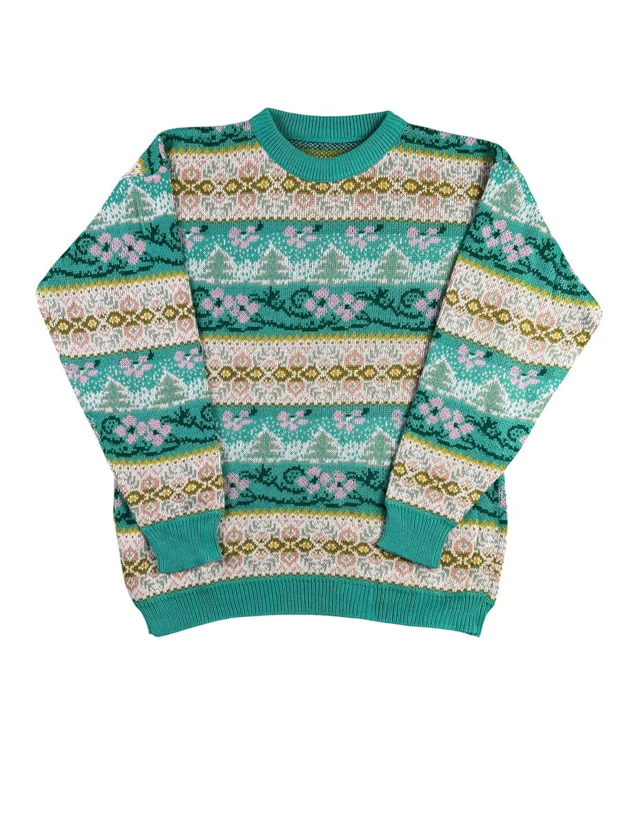 Maglione Vintage Girocollo da Donna a Fantasia Jacquard e Motivi Floreali Verde e Rosa - abbigliamento e vestiti vintage