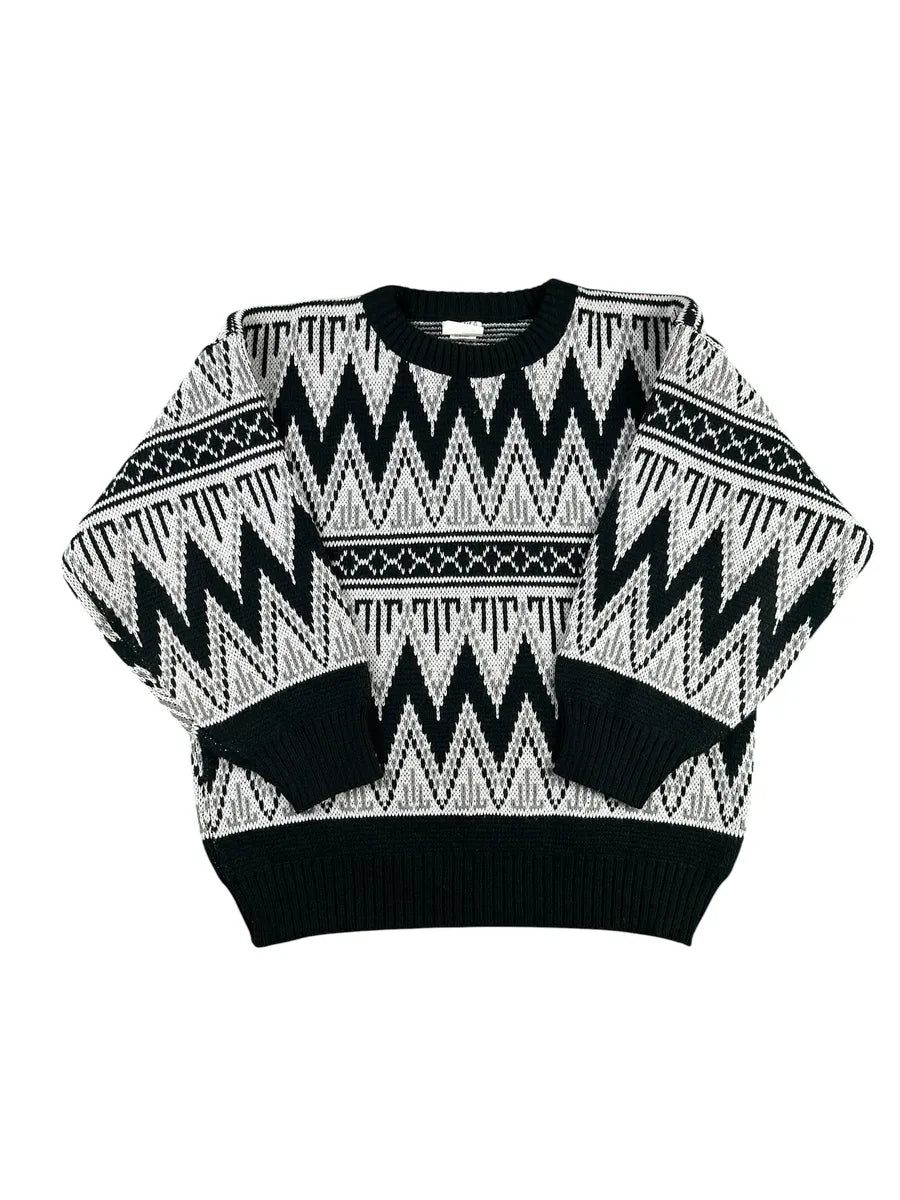 Maglione Vintage da Donna Mitches Stitches Pattern Geometrico – Nero, Grigio e Bianco - abbigliamento e vestiti vintage