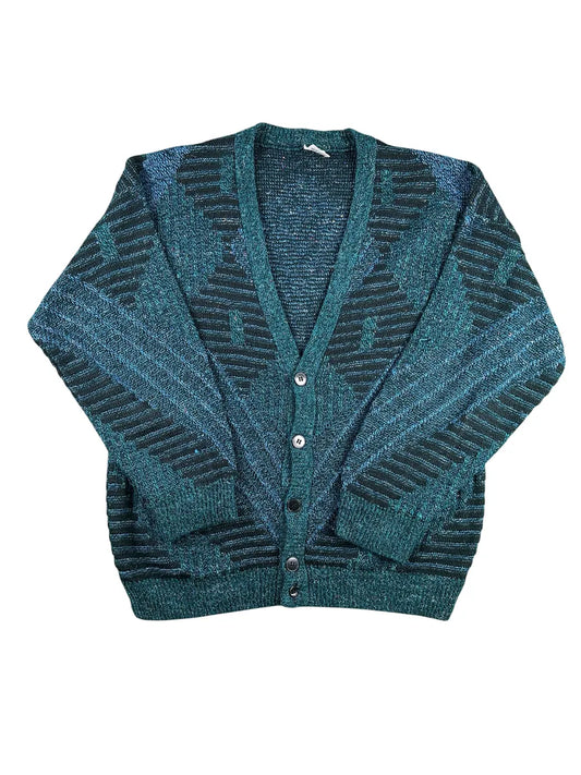 Cardigan Unisex Vintage Geometrico – Verde Ottanio e Nero - abbigliamento e vestiti vintage