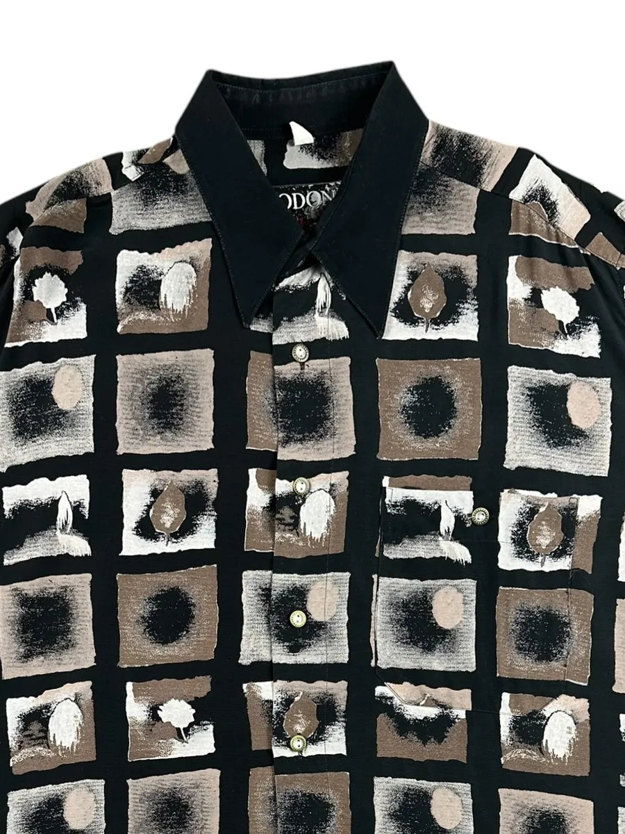 Camicia Donna Vintage Bodoni Nero e Marrone Fantasia Geometrica - abbigliamento e vestiti vintage