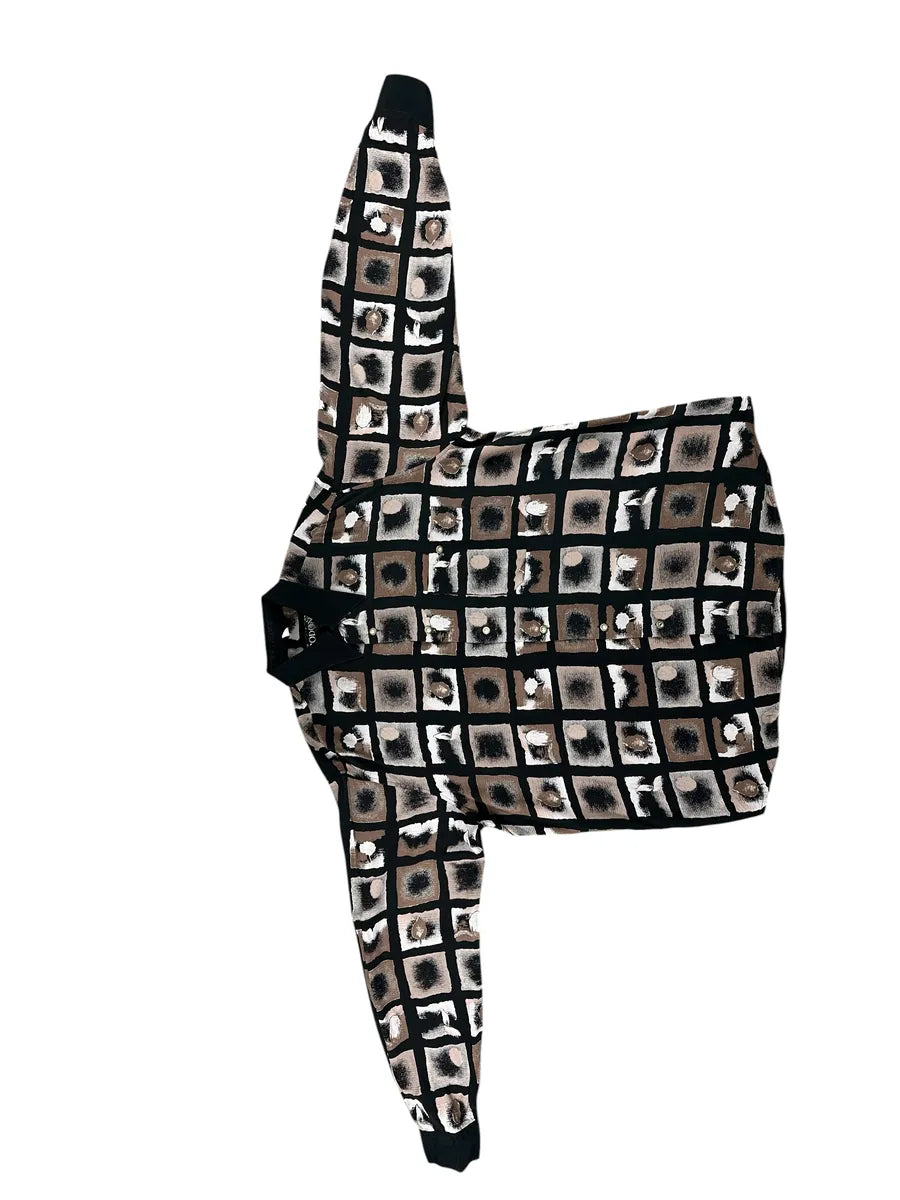 Camicia Donna Vintage Bodoni Nero e Marrone Fantasia Geometrica - abbigliamento e vestiti vintage