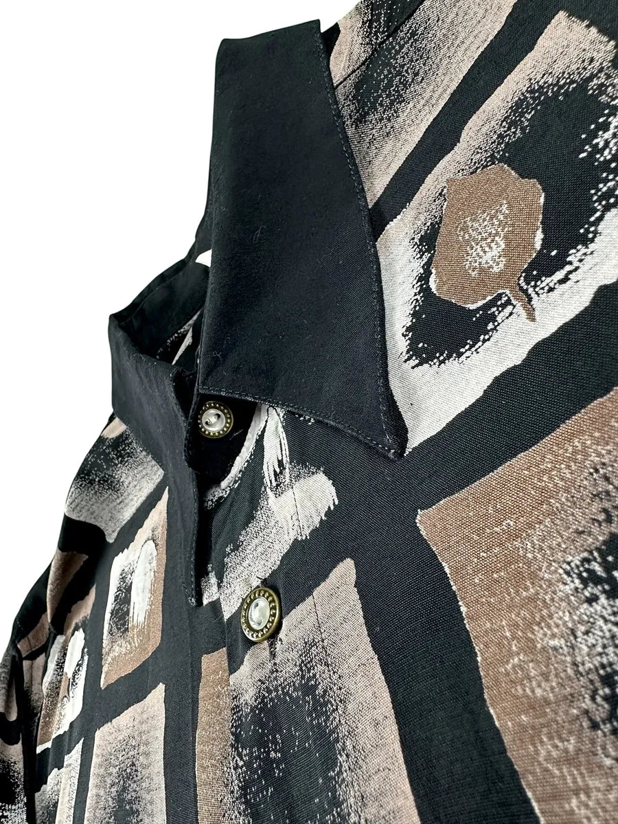 Camicia Donna Vintage Bodoni Nero e Marrone Fantasia Geometrica - abbigliamento e vestiti vintage