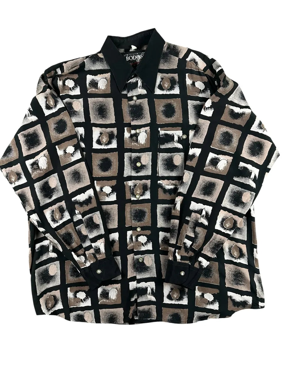 Camicia Donna Vintage Bodoni Nero e Marrone Fantasia Geometrica - abbigliamento e vestiti vintage