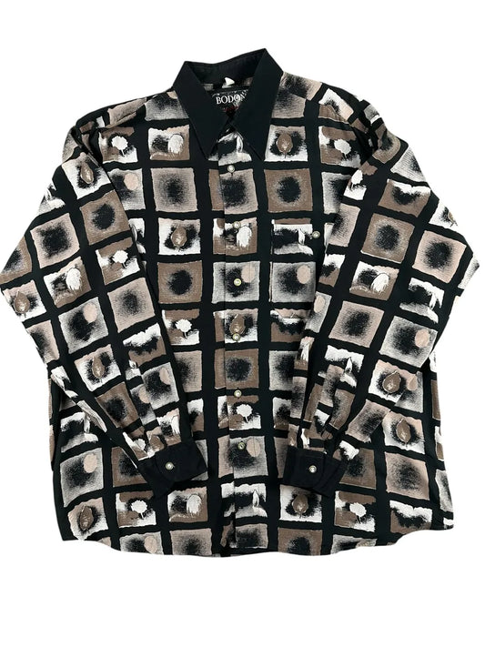 Camicia Donna Vintage Bodoni Nero e Marrone Fantasia Geometrica - abbigliamento e vestiti vintage