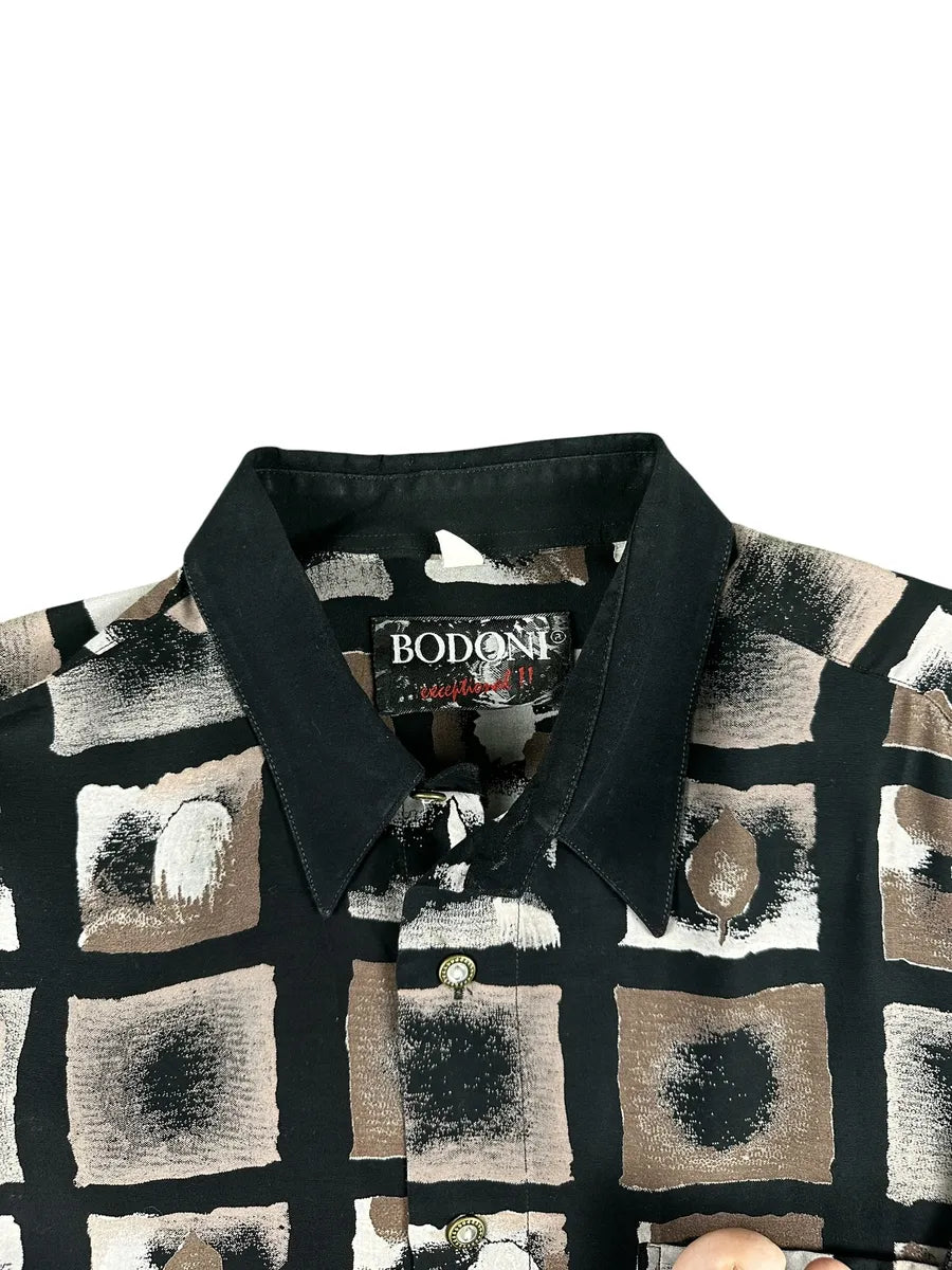 Camicia Donna Vintage Bodoni Nero e Marrone Fantasia Geometrica - abbigliamento e vestiti vintage