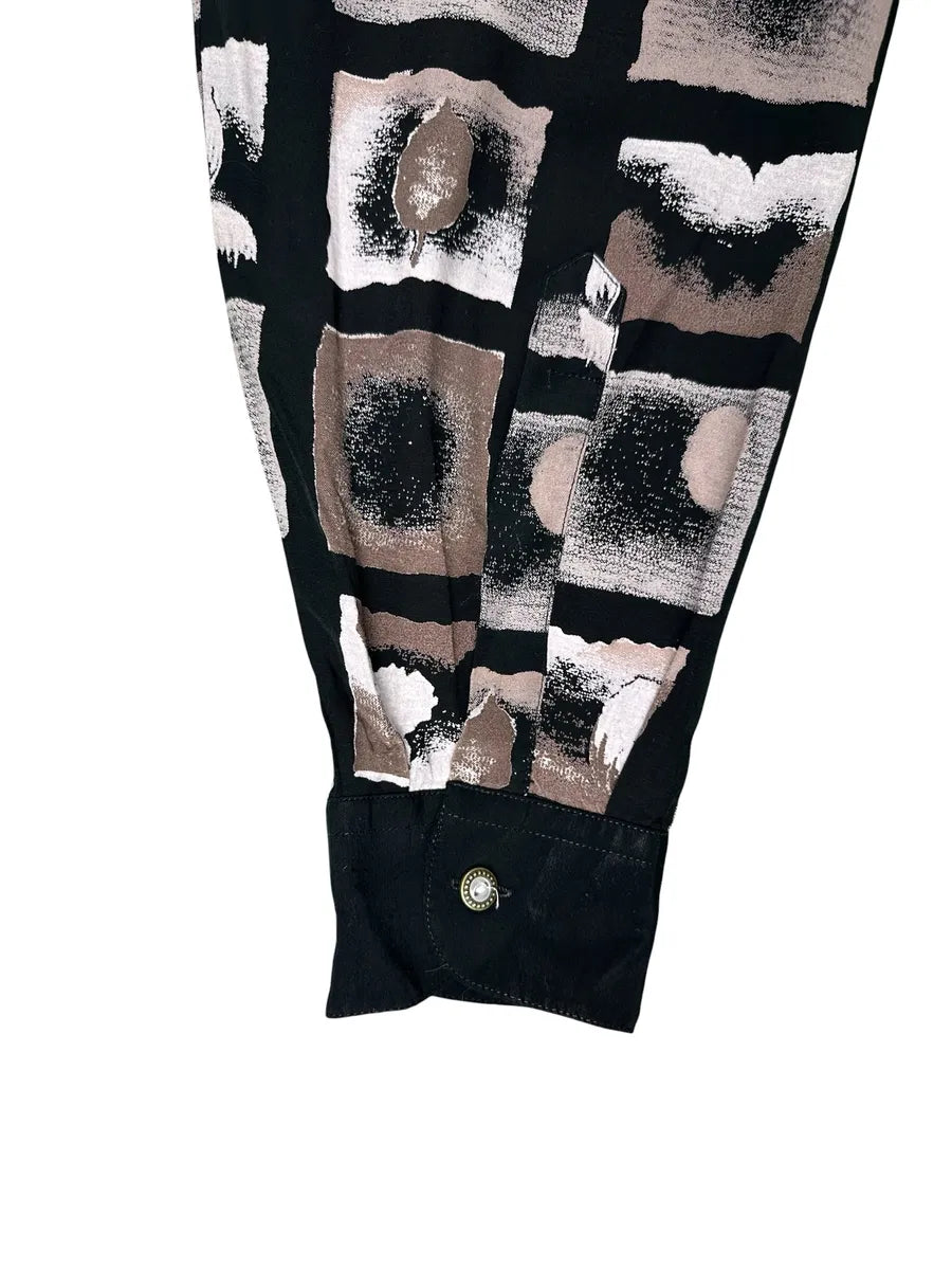 Camicia Donna Vintage Bodoni Nero e Marrone Fantasia Geometrica - abbigliamento e vestiti vintage