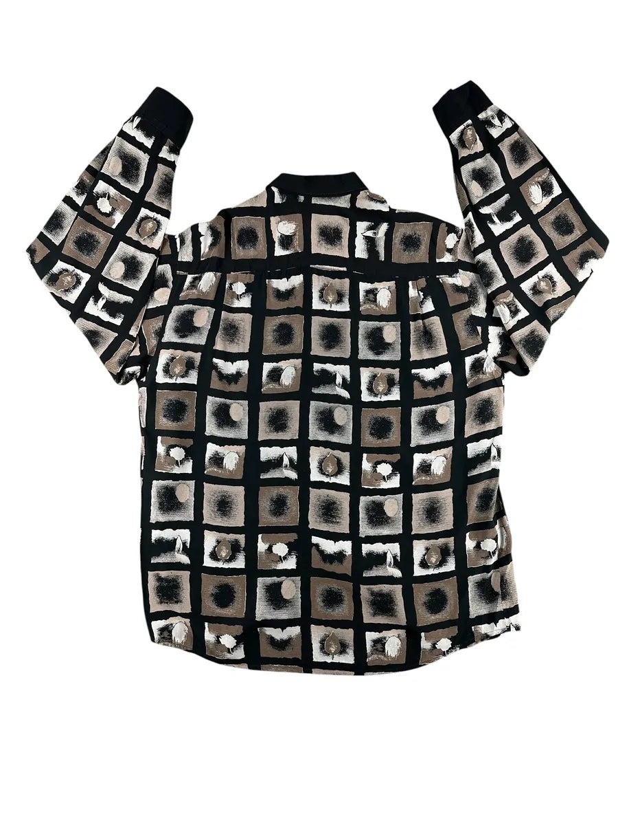 Camicia Donna Vintage Bodoni Nero e Marrone Fantasia Geometrica - abbigliamento e vestiti vintage