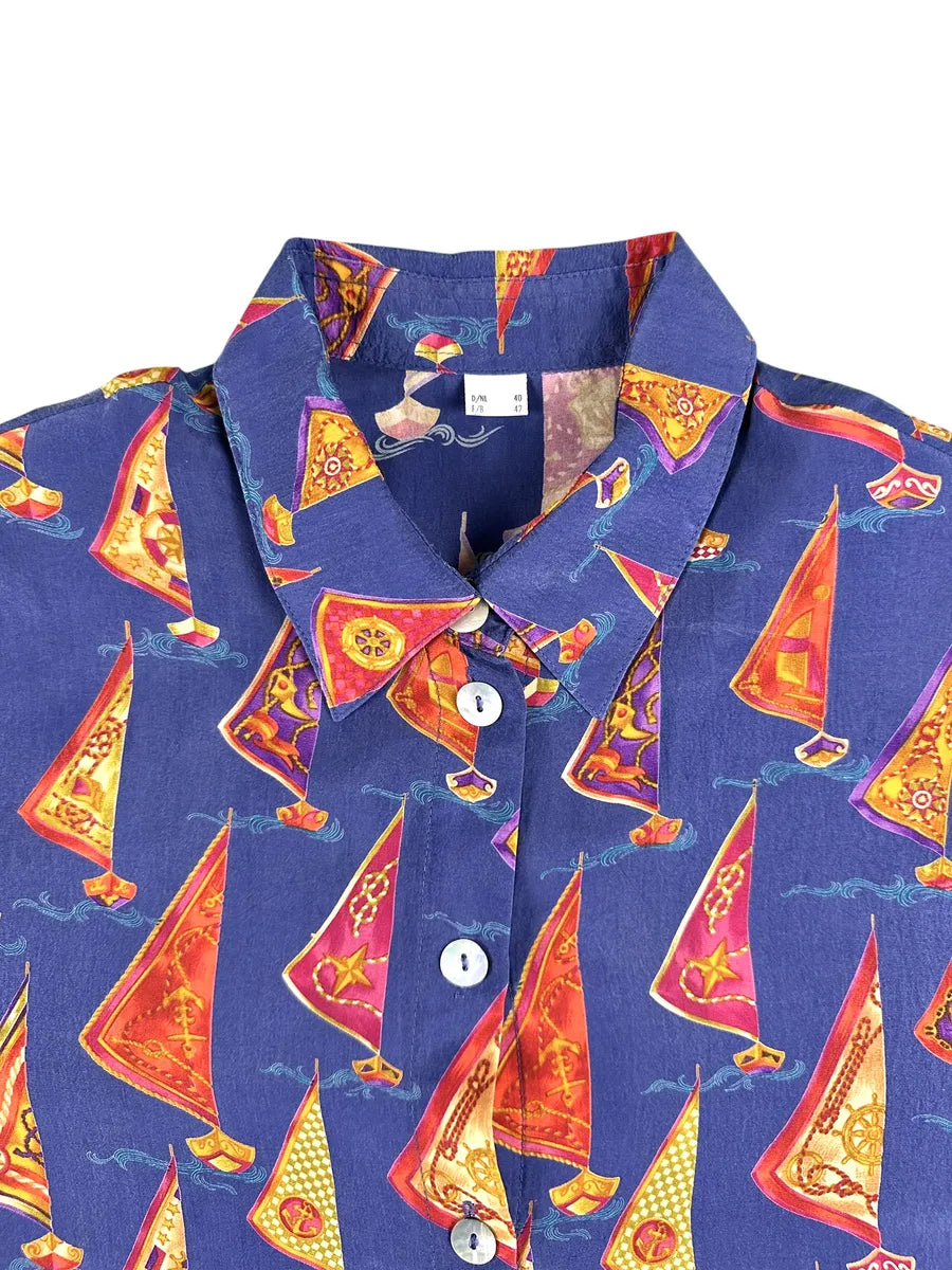 Camicia Vintage Donna Fantasia Marinaresca 100 Cupro Blu e Rosso